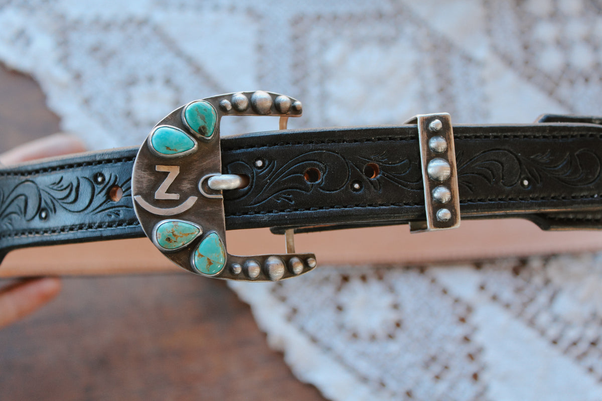 Abstract Wood & Turquoise inlay Stone Buckle Black Leather Belt Turquoise Stitch Navajo Handmade Multistone Jasper/opal/turquoise/lapis/spiny  main image 2